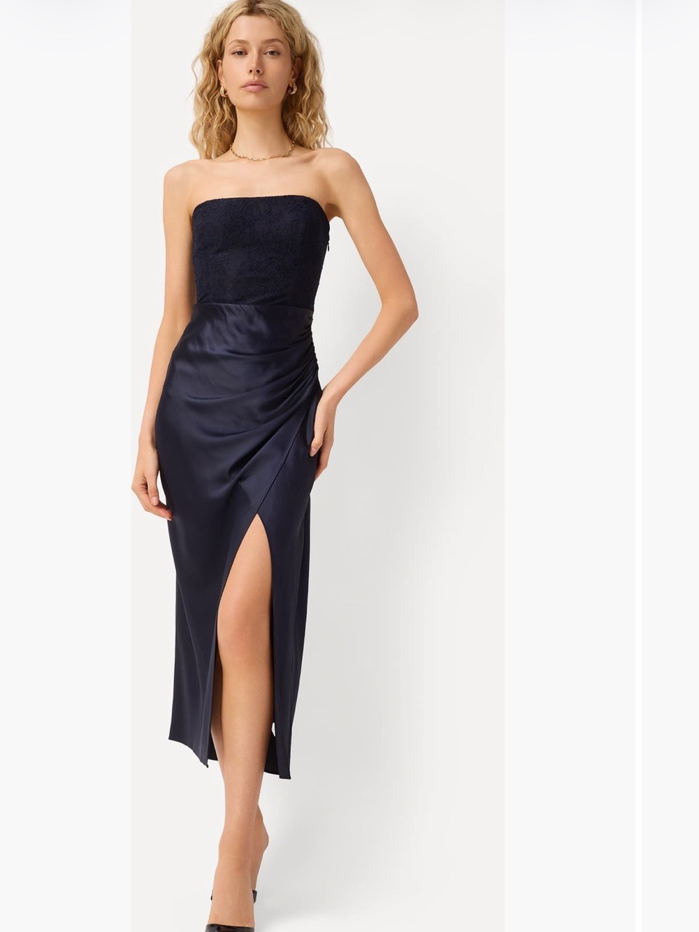 Cami NYC Satin Strapless Midi Dress in Midnight Blue.